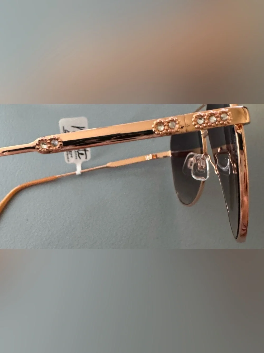 Nanette Lepore peach Rose Gold metal Frame Sunglasses Green Mirrored Lenses